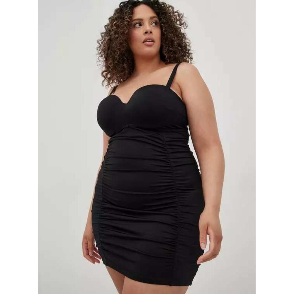 Torrid Black Ruched Underwire Swim Dress Size 2 DD/F Cup Adjustable Straps